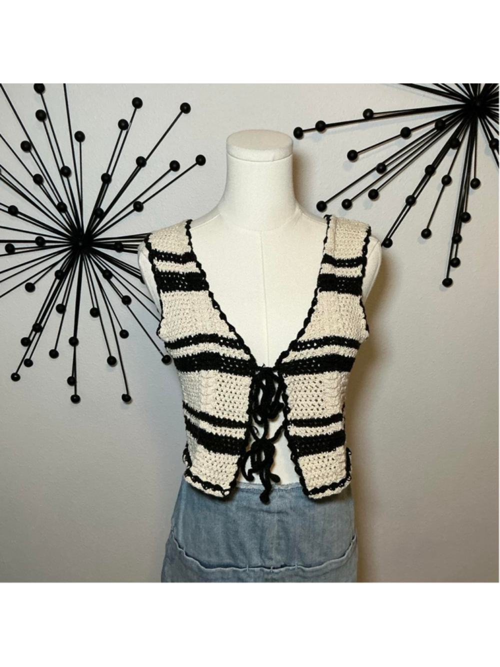 Cotton On Black White Crochet Tie Front Knit Vest XS Boho Festival